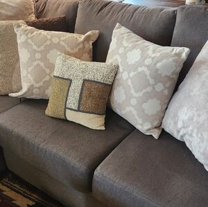 Pier 1 Lot Of 3 Grey Beige Square Throw Pillows Gold Beaded Sofa Bed Minimalist